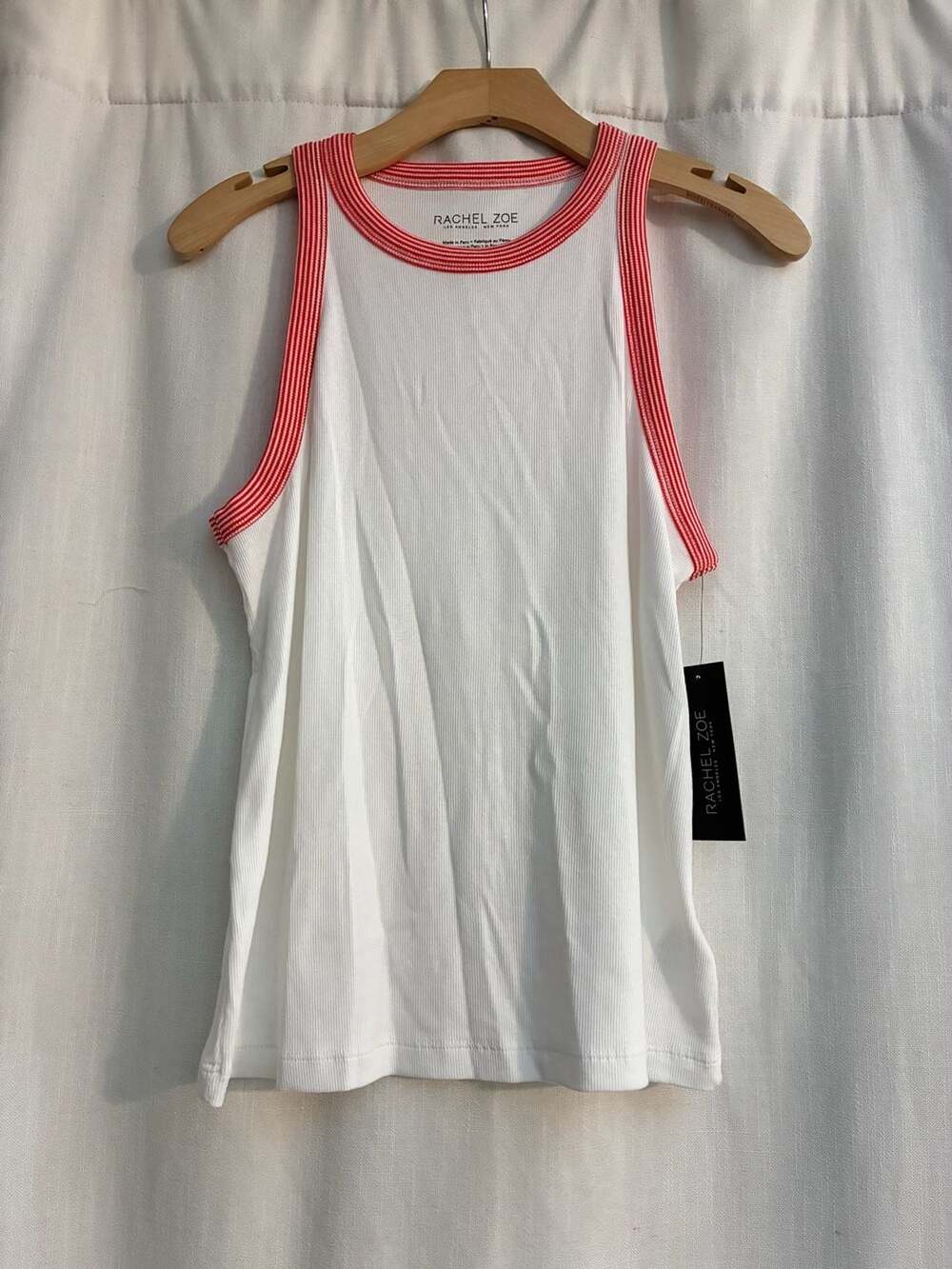 Rachel Zoe White Ribbed Ringer Tank Top with Red Striped Trim Size XL